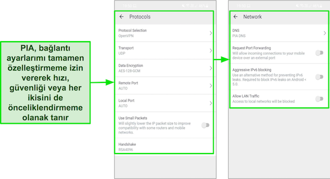 PIA'nın ayarlar menüleri, hız ve güvenlik ayarlarını özelleştirmek için çeşitli seçenekler sunar