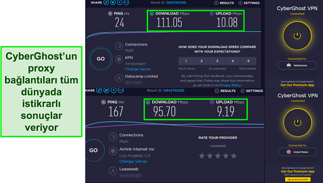 Hollanda ve ABD'deki sunuculara bağlı CyberGhost'un Chrome uzantısıyla Ookla hız testlerinin ekran görüntüleri