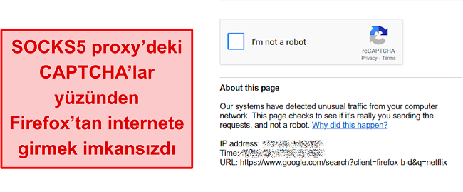 Firefox'ta IPVanish proxy üzerinde CAPTCHA'nın ekran görüntüsü