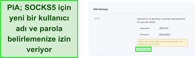 SOCKS5 için kullanıcı adını ve parolayı yeniden oluşturmak için PIA'nın VPN ayarlarının ekran görüntüsü