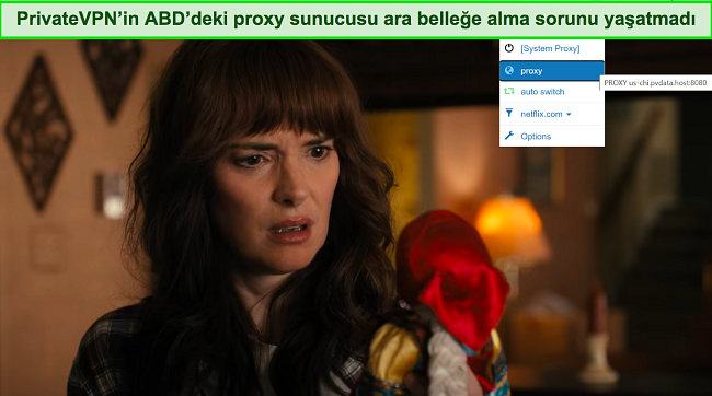 PrivateVPN bir ABD proxy sunucusuna bağlıyken Netflix'te yayın yapan Stranger Things