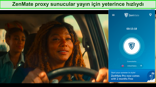 ZenMate bir ABD proxy sunucusuna bağlıyken Netflix'te End of the Road akışı