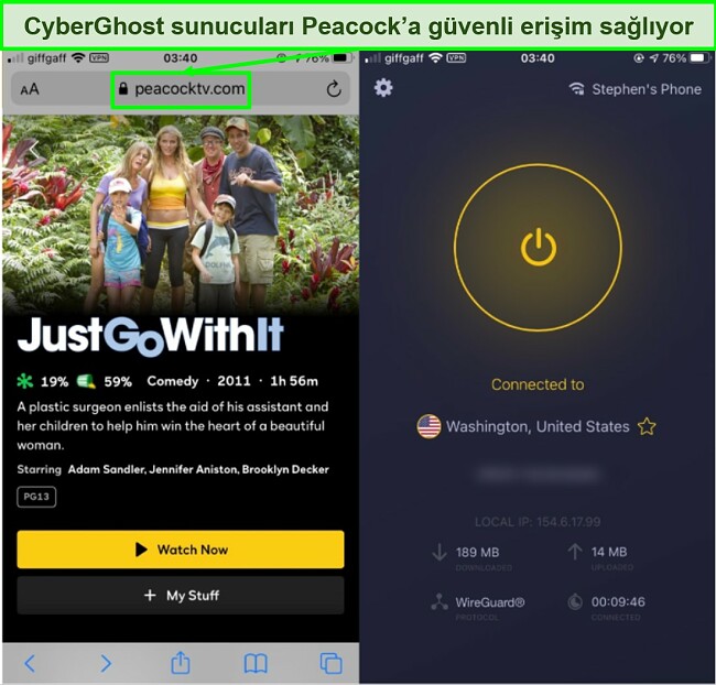 Peacock'ta Just Go With It engellemesini kaldıran CyberGhost'un ekran görüntüsü