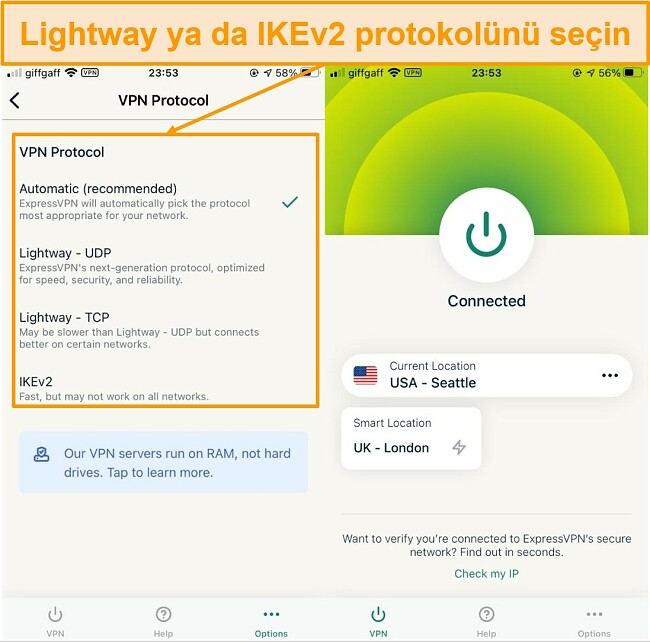 ExpressVPN kullanan bir iPhone 6'da Lightway ve IKEv2 protokollerinin ekran görüntüsü