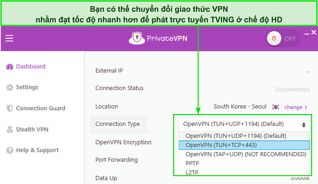 Ảnh chụp màn hình danh sách các giao thức VPN của PrivateVPN
