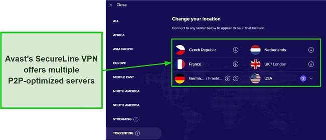 Avast Secire Line VPN optimised servers screenshot