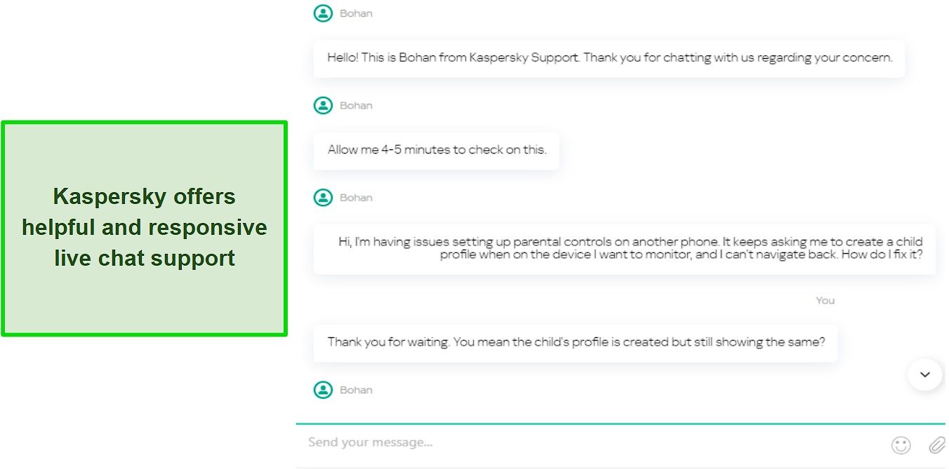 Screenshot of a conversation with Kaspersky's live chat support
