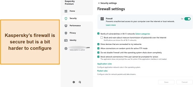 Screenshot of Kaspersky's firewall settings