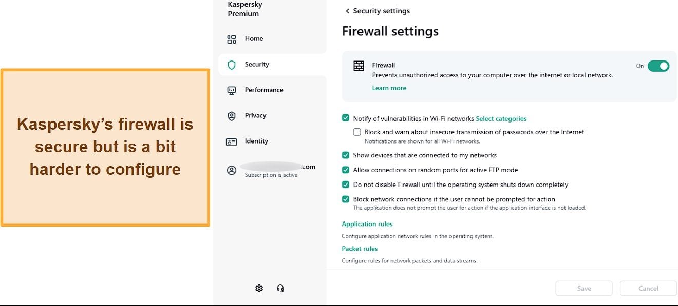 Screenshot of Kaspersky's firewall settings