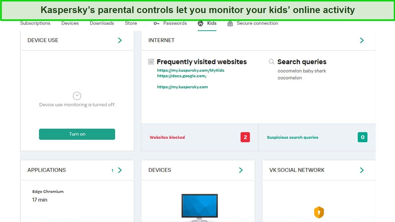 Screenshot of Kaspersky's parental control tools