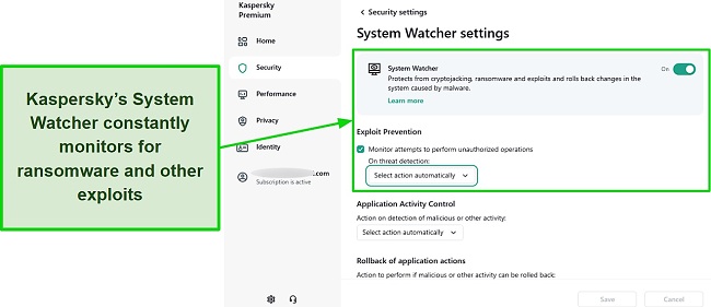 Screenshot of Kaspersky's System Watcher feature