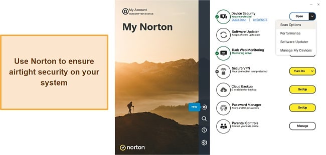 Screenshot showing Norton's main menu after installation