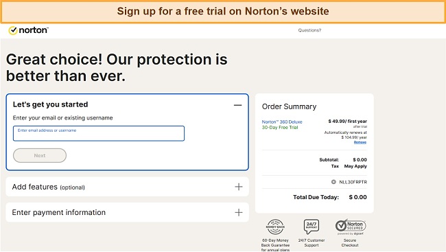 Screenshot showing the sign up page for Norton's free trial