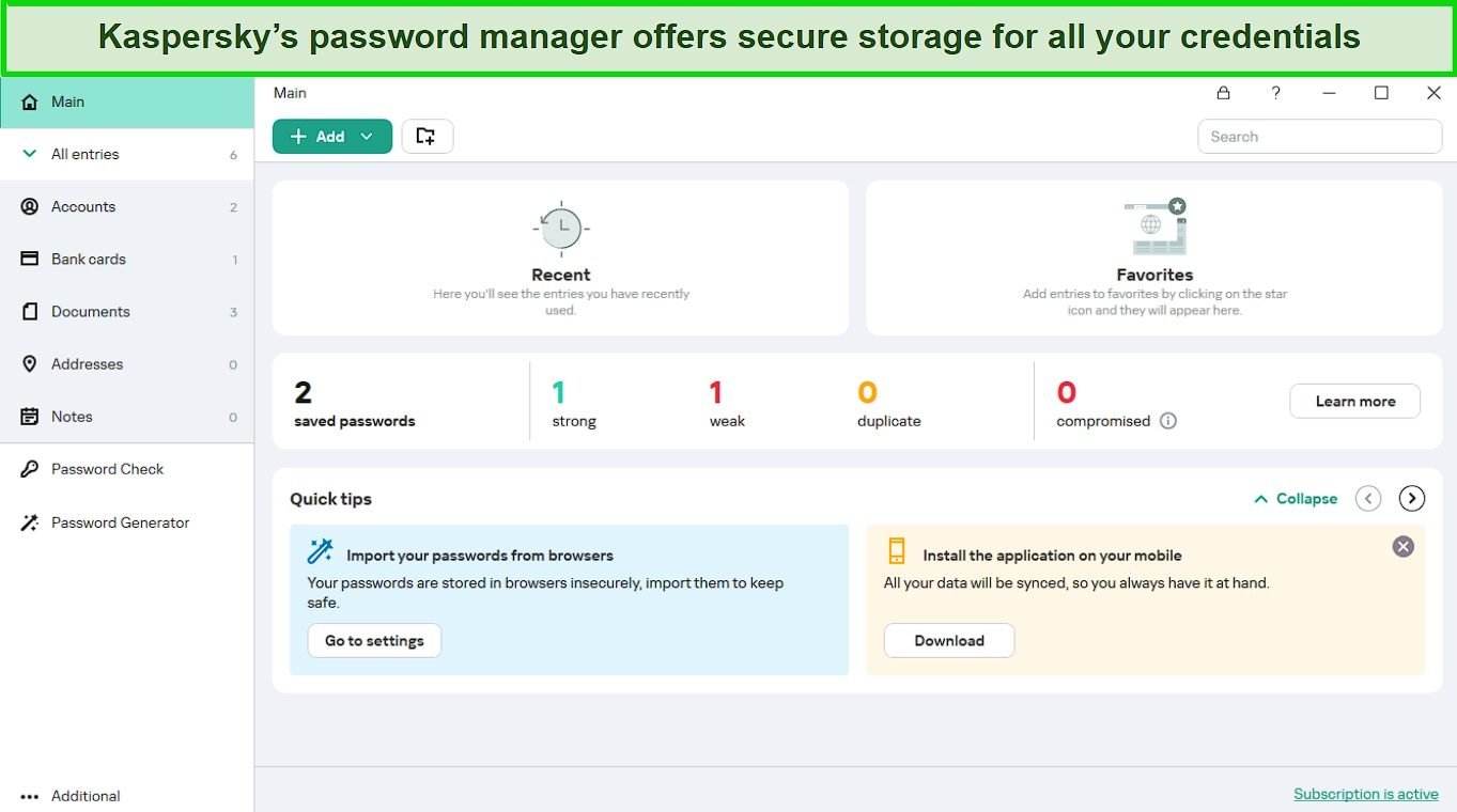 You can secure your passwords and other sensitive information using Kaspersky’s password manager