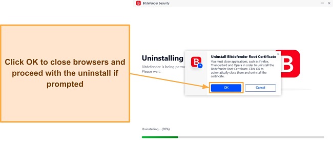 Screenshot showing Bitdefender's uninstaller asking to close browsers in order to uninstall root certificates