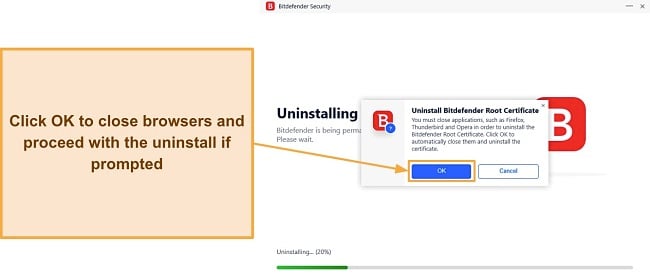 Screenshot showing Bitdefender's uninstaller asking to close browsers in order to uninstall root certificates