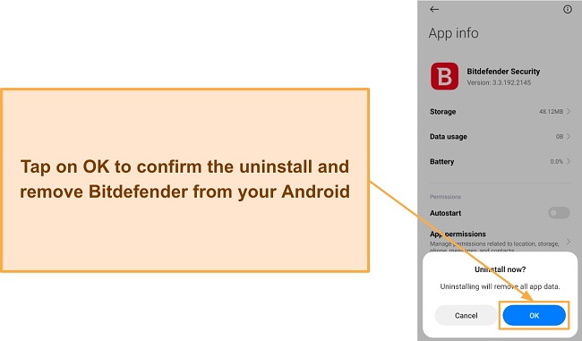 Screenshot showing a confirmation to uninstall Bitdefender from Android