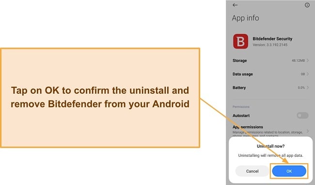 Screenshot showing a confirmation to uninstall Bitdefender from Android