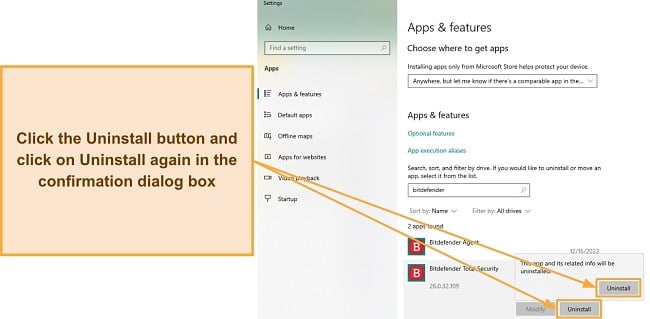 Screenshot showing how to start Bitdefender's uninstallation process from the Apps & features menu