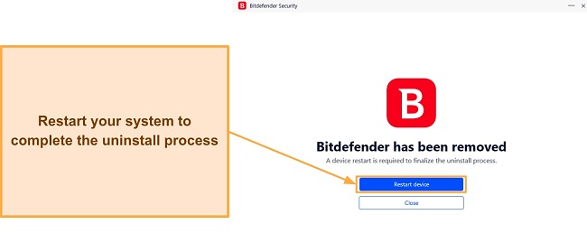 Screenshot showing the completion of Bitdefender's uninstallation process