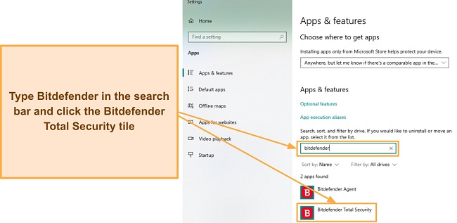 Screenshot showing how to find Bitdefender in the Apps & features menu