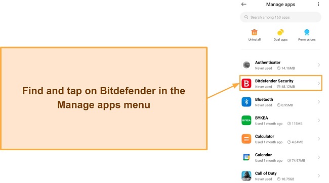 Screenshot showing Bitdefender in Android's installed apps menu