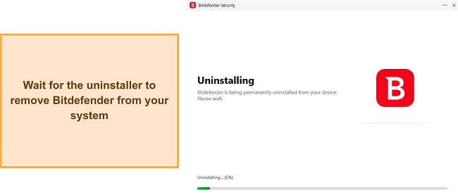 Screenshot showing Bitdefender's uninstall in progress