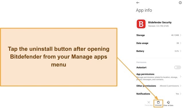 Screenshot showing how to start Bitdefender's uninstallation on Android