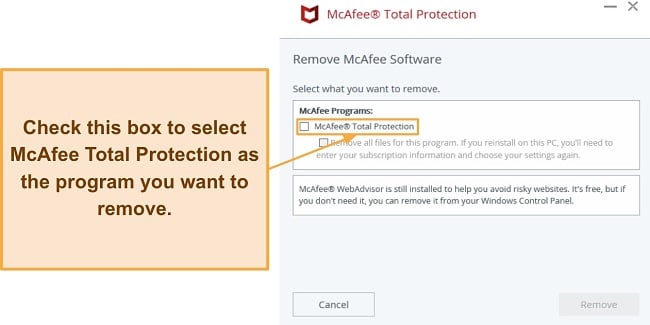 Screenshot of McAfee's uninstaller asking which McAfee software to remove