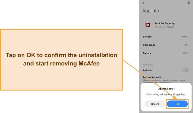 Screenshot showing how to confirm McAfee's uninstallation on Android