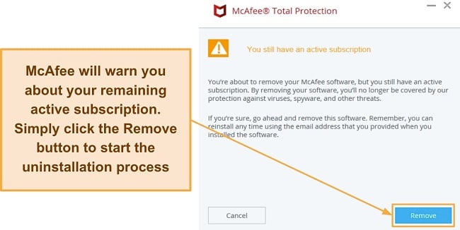 Screenshot showing a final confirmation by McAfee's uninstaller before it begins the uninstallation process