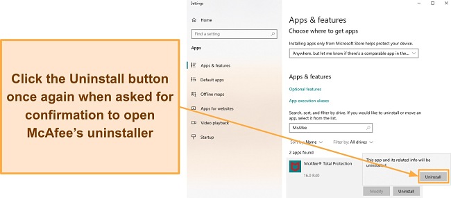Clicking the Uninstall button again to open McAfee's uninstaller