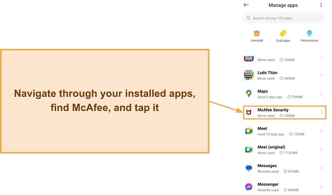 Screenshot showing McAfee installed on Android