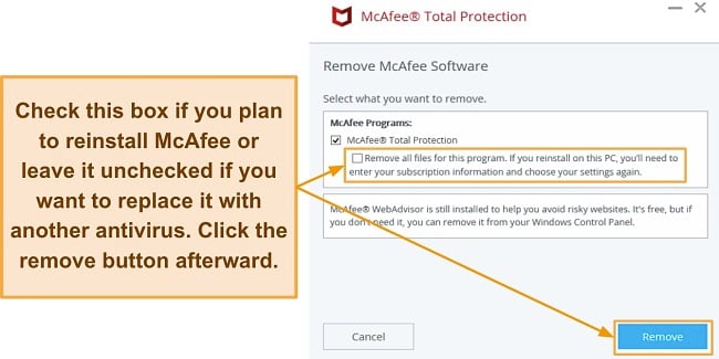 Screenshot of McAfee's uninstaller asking whether or not it should keep your files and data