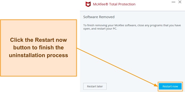 Screenshot showing the completion of McAfee's uninstall process