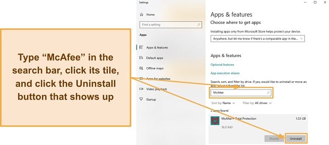 Screenshot showing how to find McAfee in the Apps & features menu