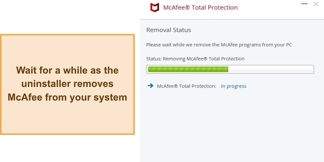 Screenshot showing a final confirmation by McAfee's uninstaller before it begins the uninstallation process