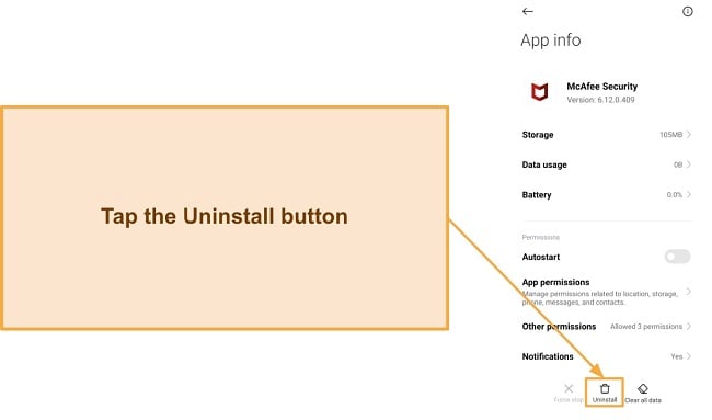 Screenshot showing how to begin McAfee's uninstallation on Android