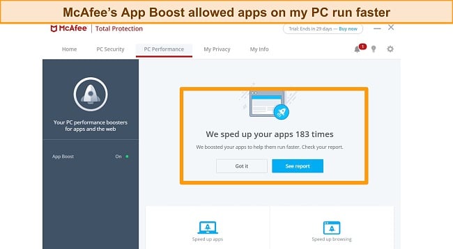 Screenshot of McAfee's App Boost tool