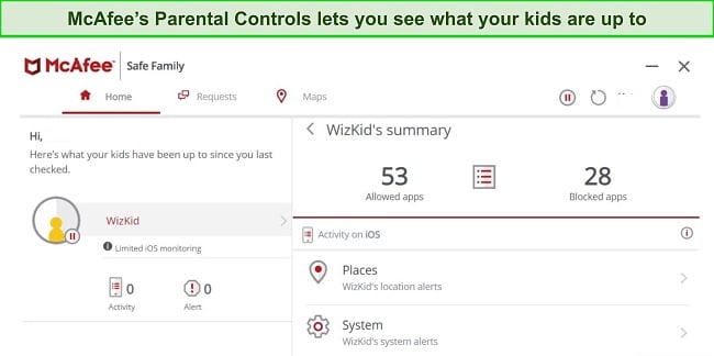 Screenshot of McAfee parental controls dashboard