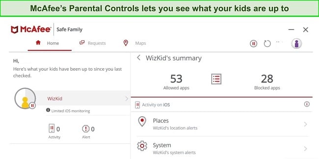 Captura de tela do painel do McAfee Parental Controls