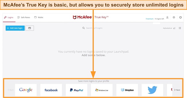 Screenshot of McAfee's password manager vault
