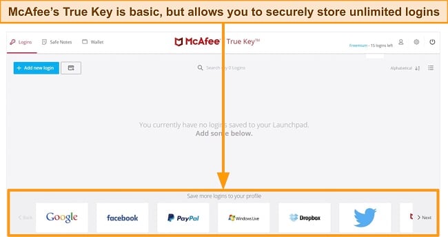 Screenshot of McAfee's password manager vault