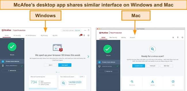 Screenshot showing McAfee's Windows and Mac app's interface