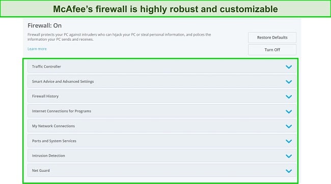 Tangkapan layar dari tab Konfigurasi Perlindungan Firewall McAfee