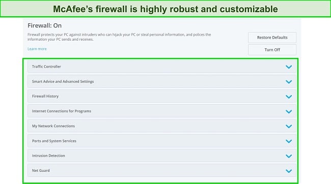 Captura de tela da guia Configuração de proteção do McAfee Firewall