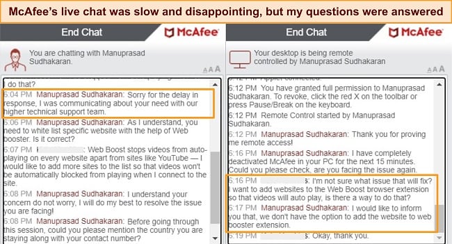 Captura de tela do suporte de bate -papo ao vivo da McAfee