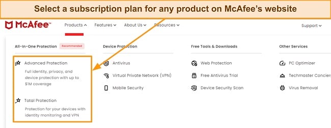 Screenshot showing McAfee subscription plans
