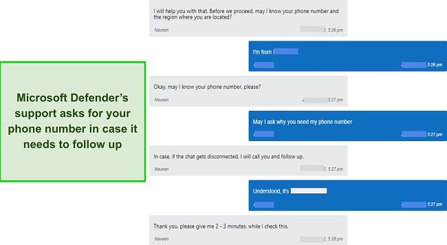 Screenshot of Microsoft Defender's live chat support