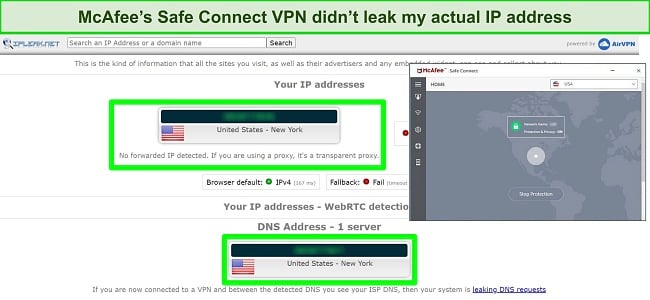 Screenshot of McAfee passing DNS leak tests